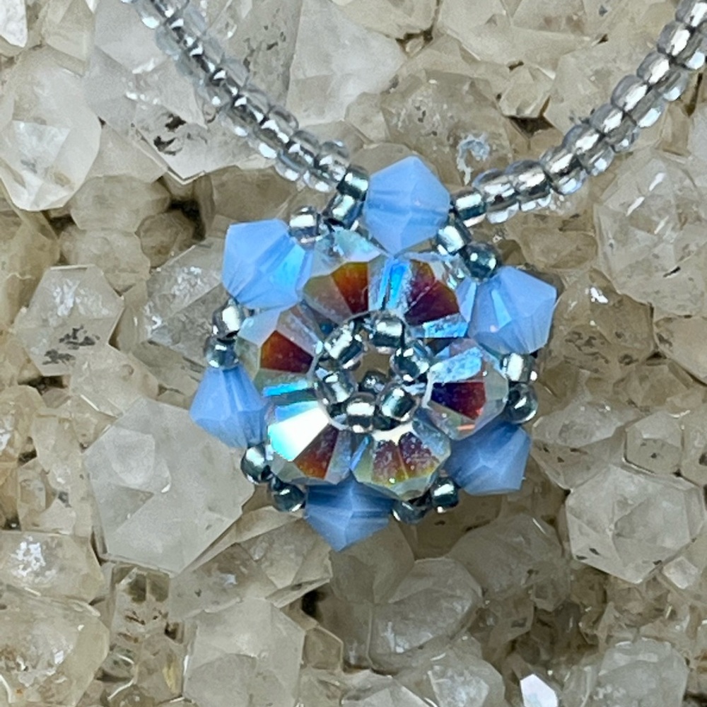 Handmade Beaded Pendant Necklace Blue Crystal Aurora Borealis Snowflake /Flower